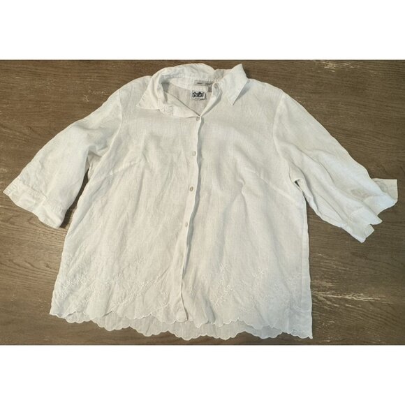 Edward Linen 100% Irish 2X Plus Size Embroidered Scallop hem Button white Top - Picture 6 of 12